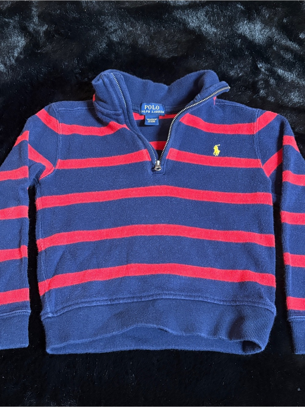 Polo by Ralph Lauren Navy & Red Striped Quarter-Zip Pullover with Yellow Pony